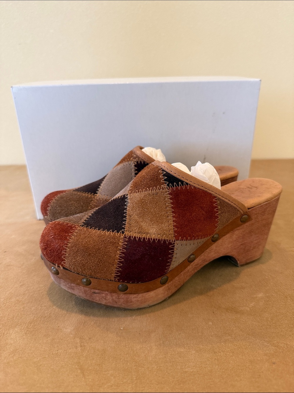 Five Worlds Patchwork Suede Clog Mules in Brown Multi
